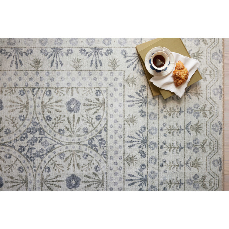 Ivory and Blue Synthetic Floral Runner Rug 2'-6" x 7'-6"