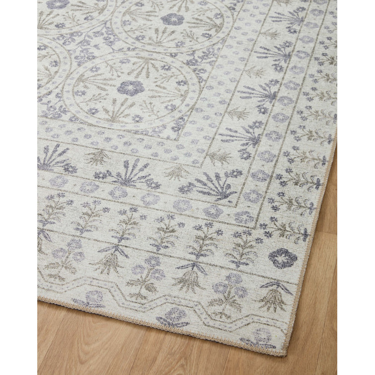 Ivory and Blue Synthetic Floral Runner Rug 2'-6" x 7'-6"