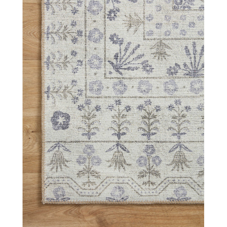Ivory and Blue Synthetic Floral Runner Rug 2'-6" x 7'-6"
