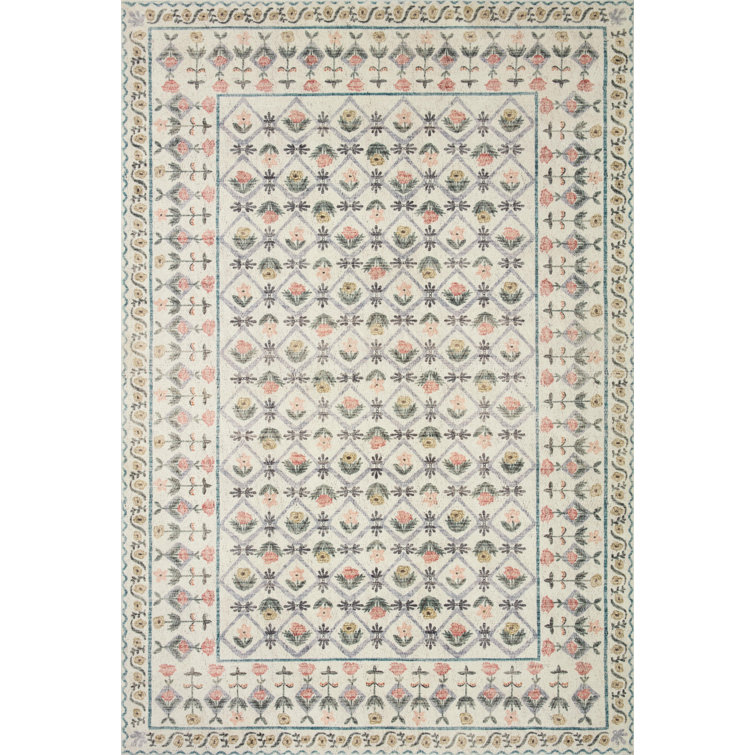 Lattice Ivory Floral 5' x 7' Wool-Synthetic Blend Area Rug