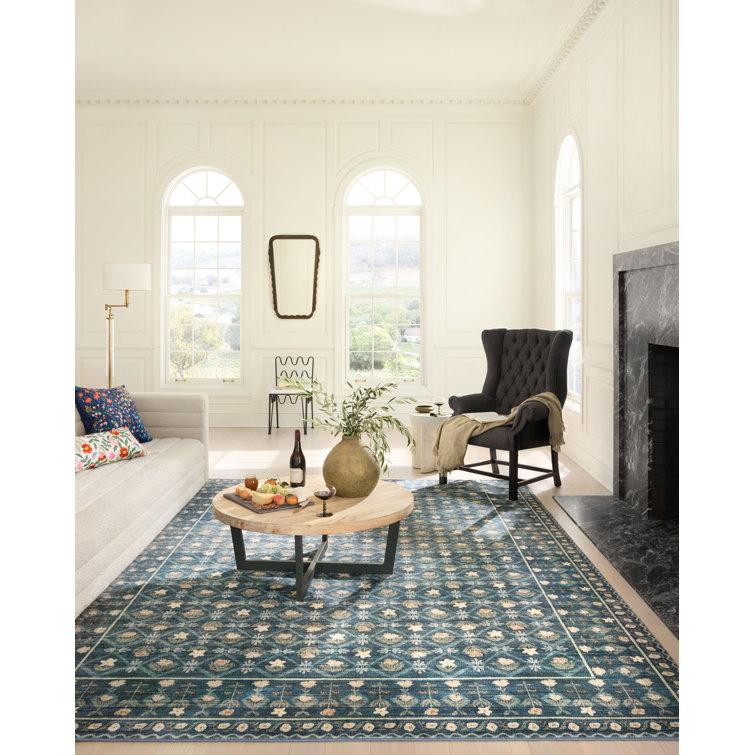 Indigo Floral Synthetic Rectangular Rug, 5' x 7'