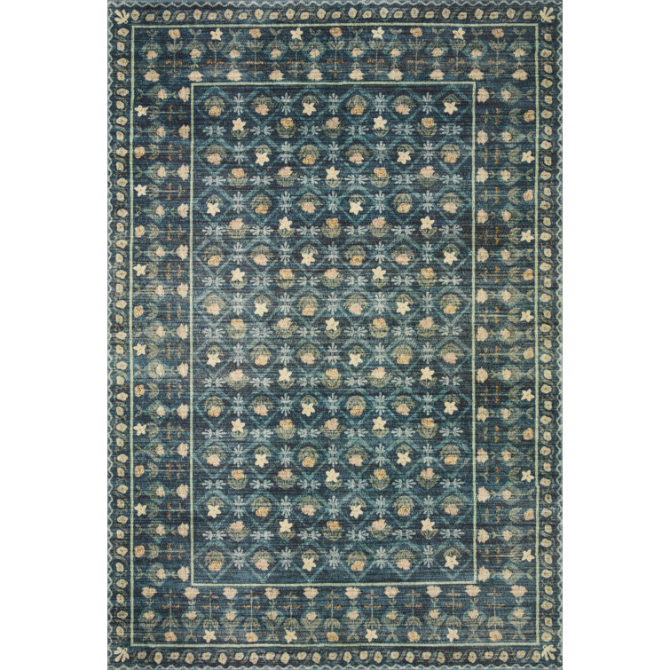 Indigo Floral Synthetic Rectangular Rug, 5' x 7'