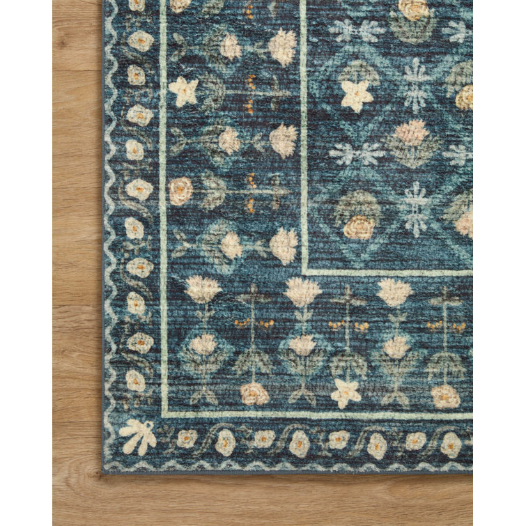 Lattice Indigo Floral 7'6" x 9'6" Easy-Care Synthetic Area Rug