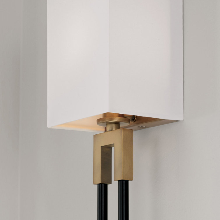 Aged Brass and Black Dimmable Wall Sconce with White Fabric Shade