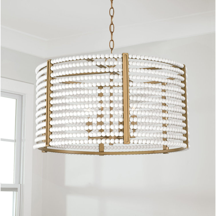 Brynn 4-Light Aged Brass Drum Pendant with White Beads