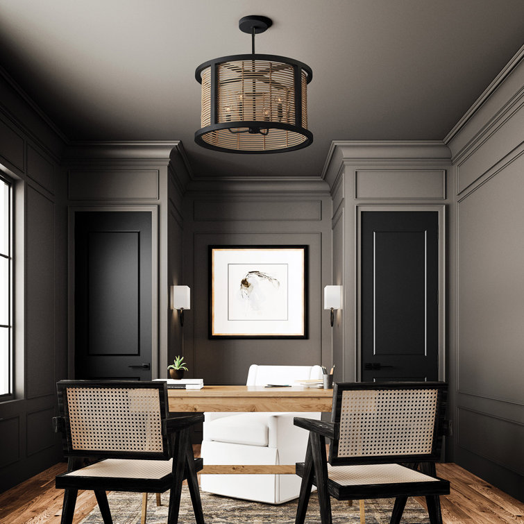 Rico Flat Black Mini Drum Pendant with Rattan & Mango Wood