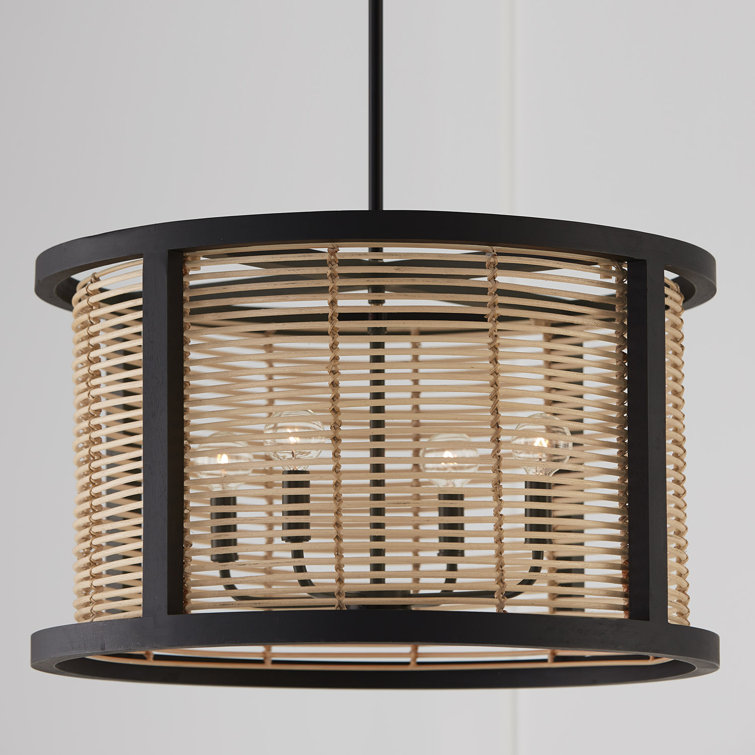 Rico Flat Black Mini Drum Pendant with Rattan & Mango Wood