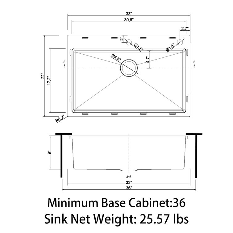 Sinber 33" Stainless Steel Drop-In Single Bowl Kitchen Sink