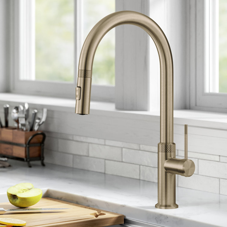 Brushed Gold High-Arc Brass Kitchen Faucet with Pull-Out Spray