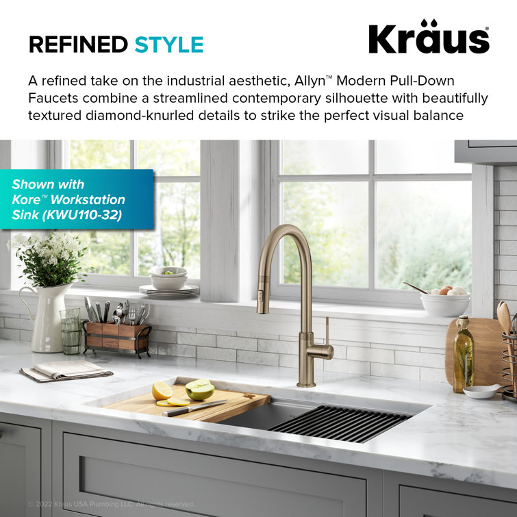 Brushed Gold High-Arc Brass Kitchen Faucet with Pull-Out Spray