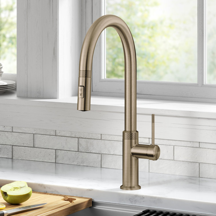 Brushed Gold High-Arc Brass Kitchen Faucet with Pull-Out Spray
