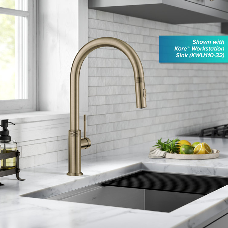 Brushed Gold High-Arc Brass Kitchen Faucet with Pull-Out Spray