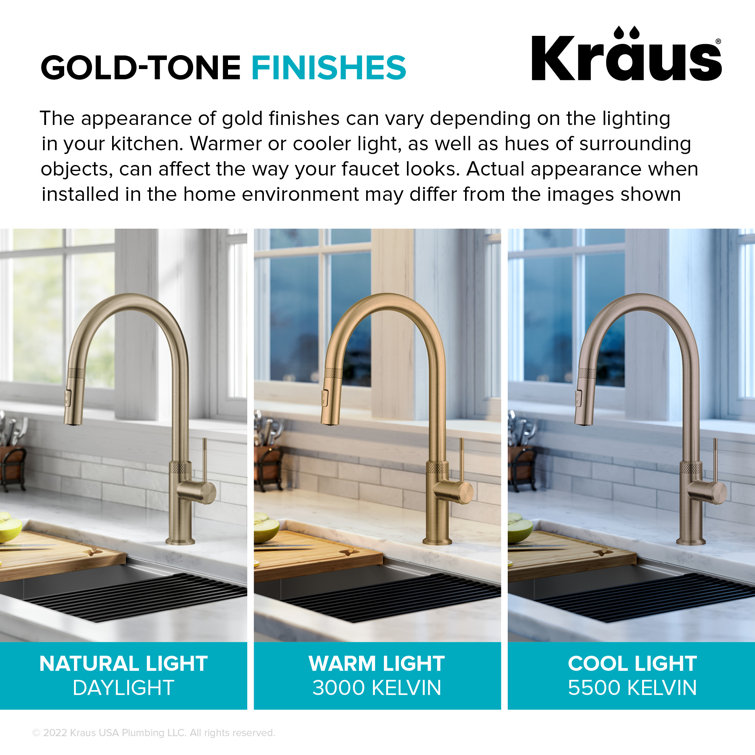 Brushed Gold High-Arc Brass Kitchen Faucet with Pull-Out Spray