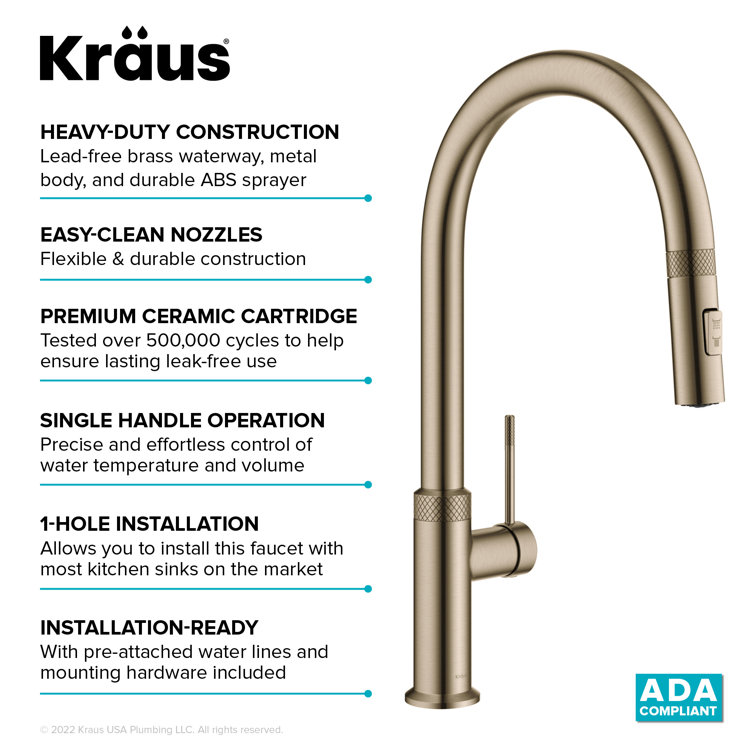 Brushed Gold High-Arc Brass Kitchen Faucet with Pull-Out Spray