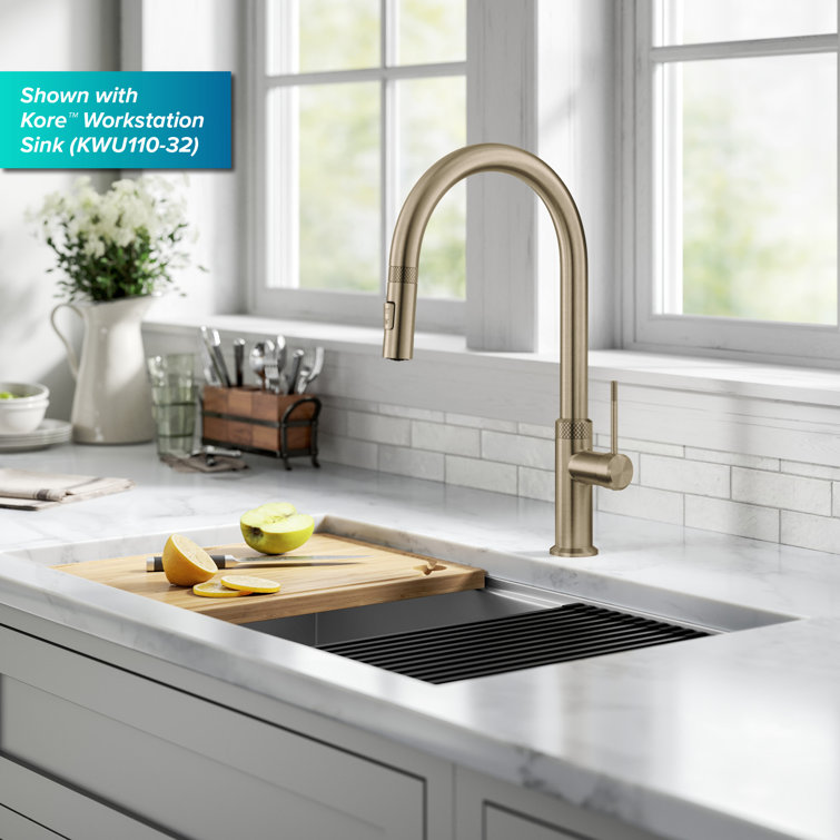 Brushed Gold High-Arc Brass Kitchen Faucet with Pull-Out Spray