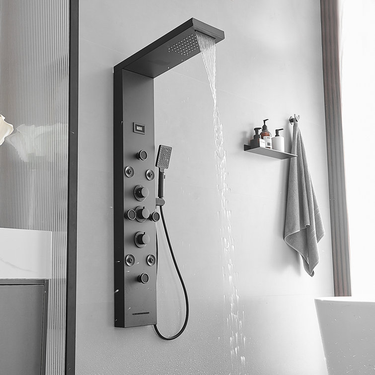 Black Stainless Steel 51.57'' Shower Panel with Rainfall and Waterfall Shower Heads