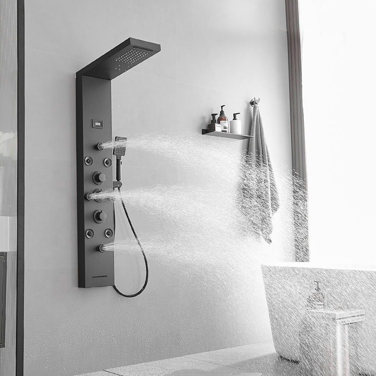 Black Stainless Steel 51.57'' Shower Panel with Rainfall and Waterfall Shower Heads