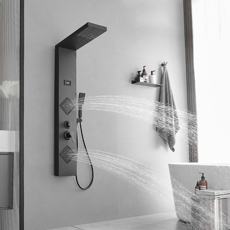 Matte Black 47" Shower Panel System with Rainfall Shower Head and Body Jets