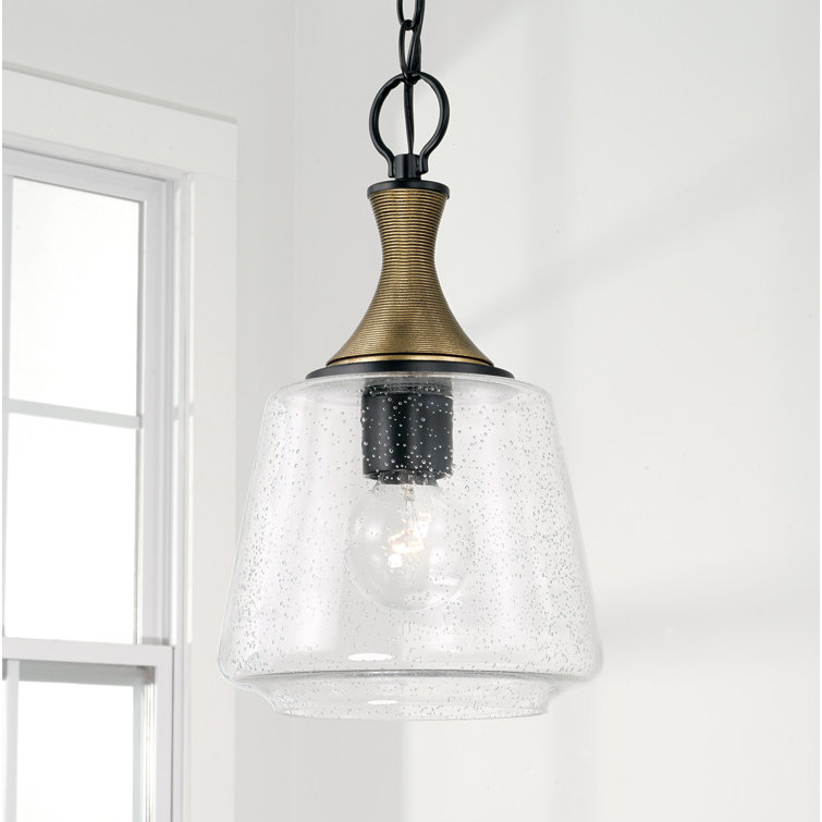 Matte Black and Brass Pendant with Seeded Glass Shade