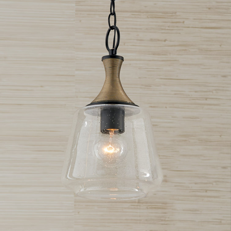 Matte Black and Brass Pendant with Seeded Glass Shade