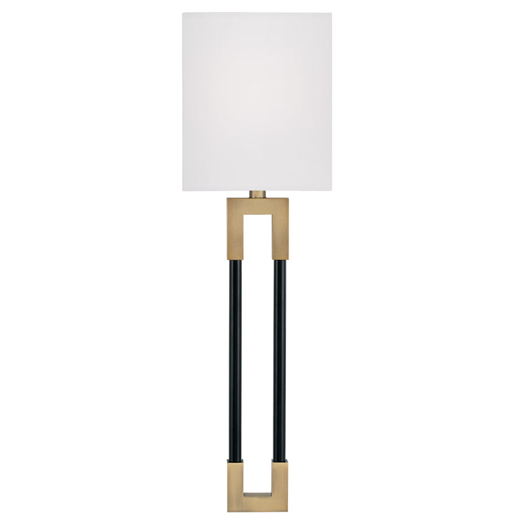 Aged Brass and Black Dimmable Wall Sconce with White Fabric Shade