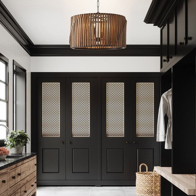 24" Light Wood and Matte Black Drum Pendant Light