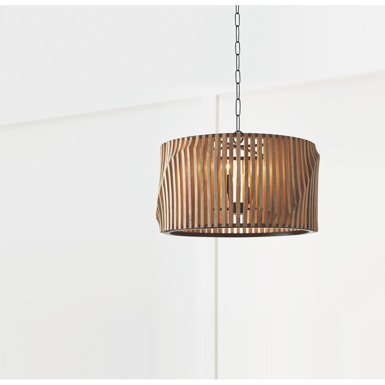 24" Light Wood and Matte Black Drum Pendant Light