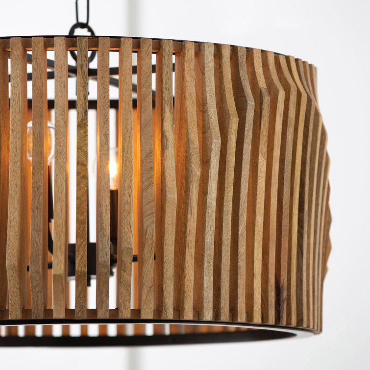 24" Light Wood and Matte Black Drum Pendant Light