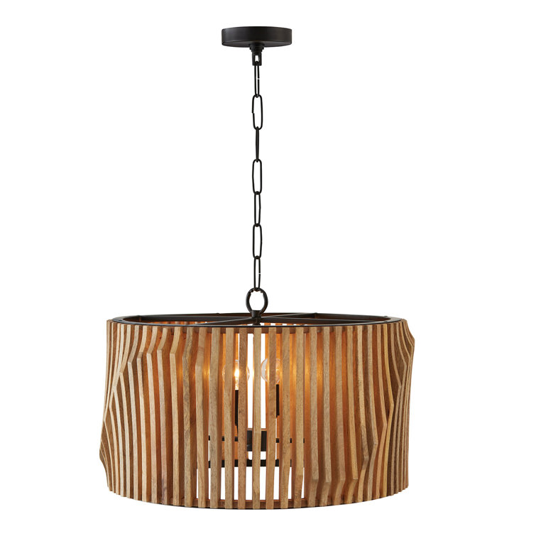 24" Light Wood and Matte Black Drum Pendant Light