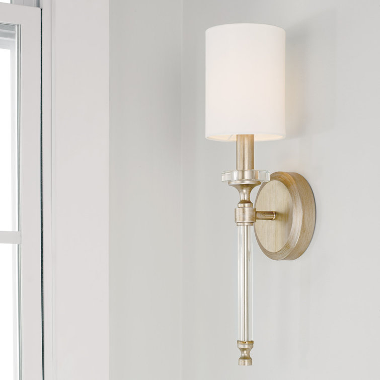 Breigh Brushed Champagne 1-Light Wall Sconce with White Fabric Shade