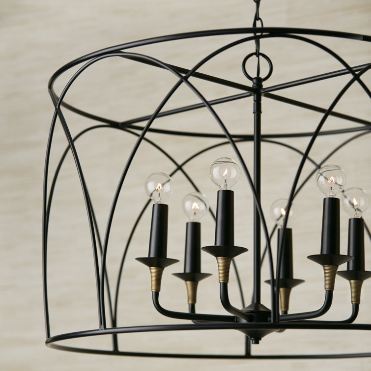 Matte Black and Brass 6-Light Drum Pendant Chandelier