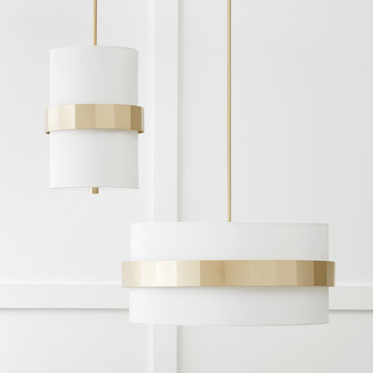 Elegant Transitional Soft Gold Pendant with White Fabric Shade