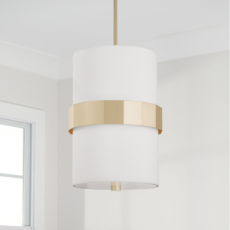 Elegant Transitional Soft Gold Pendant with White Fabric Shade