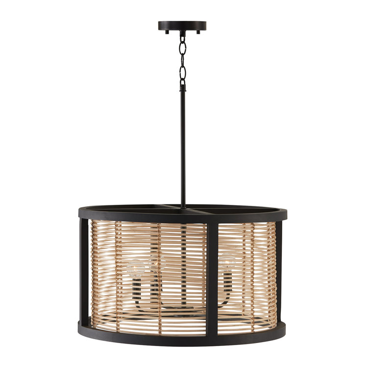 Rico Flat Black Mini Drum Pendant with Rattan & Mango Wood