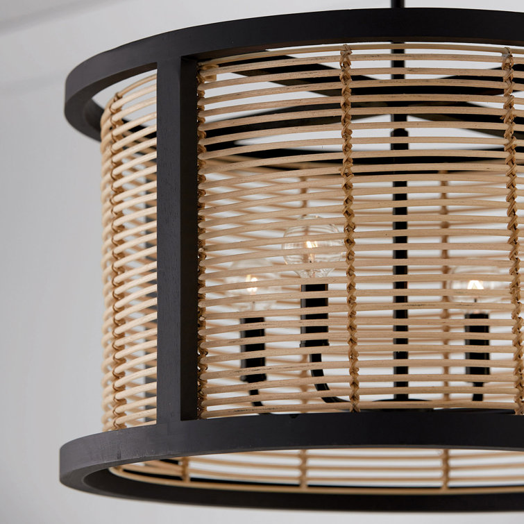 Rico Flat Black Mini Drum Pendant with Rattan & Mango Wood