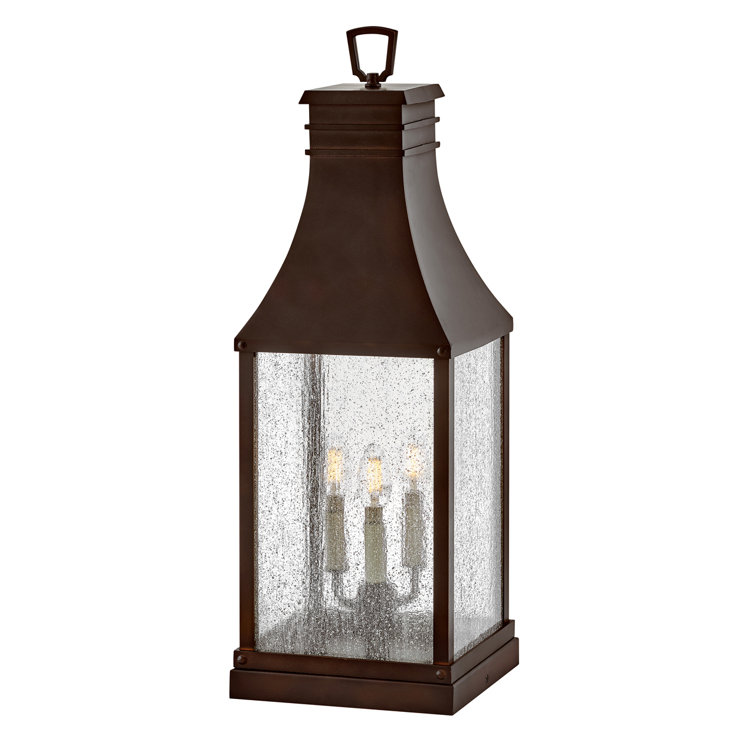 Blackened Copper LED Outdoor Pier Mount Lantern with Seeded Glass