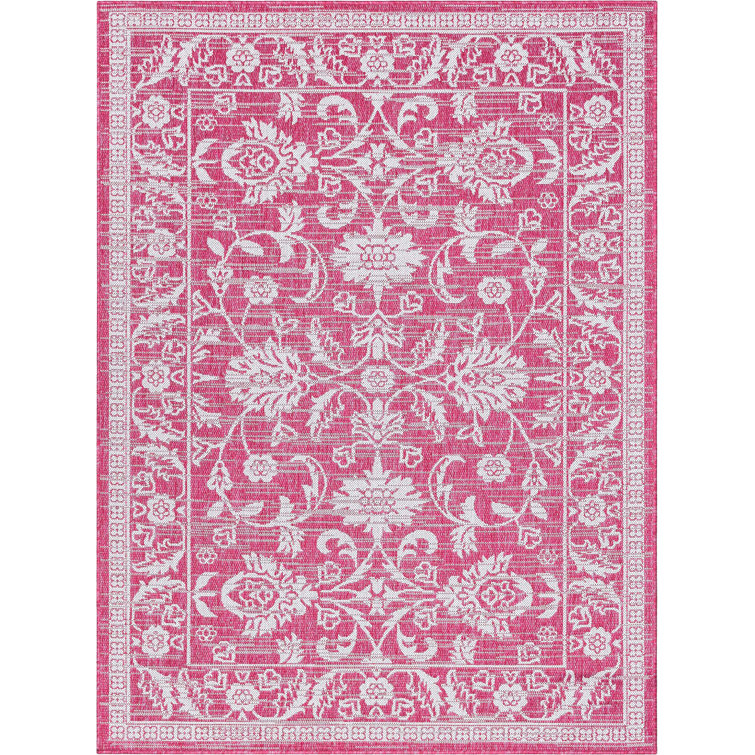 Fuchsia and White Synthetic 5' x 7' Reversible Area Rug