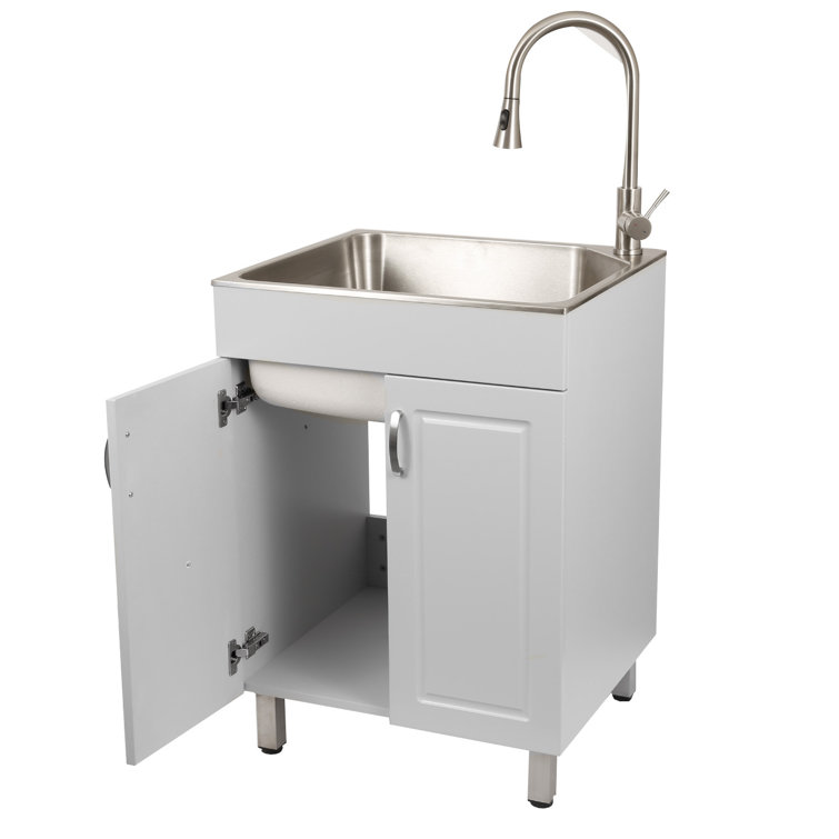Stainless Steel Utility Sink with White Storage Cabinet