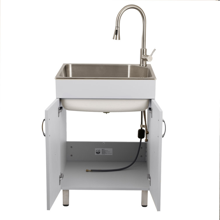 Stainless Steel Utility Sink with White Storage Cabinet