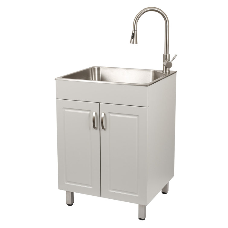 Stainless Steel Utility Sink with White Storage Cabinet