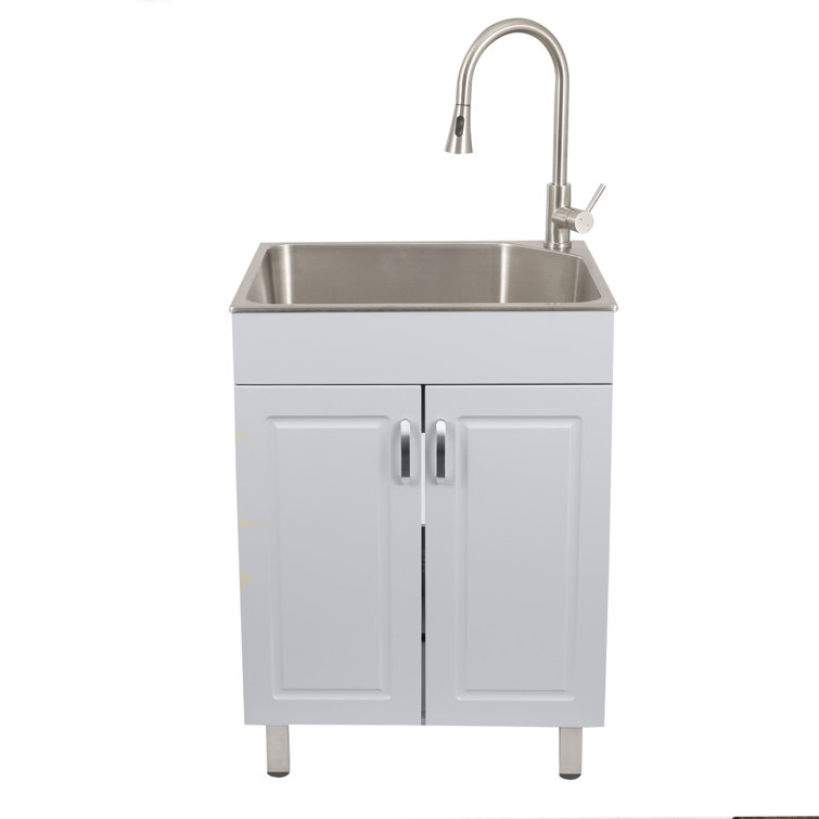 Stainless Steel Utility Sink with White Storage Cabinet