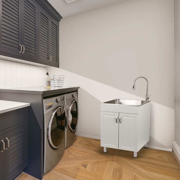 Stainless Steel Utility Sink with White Storage Cabinet