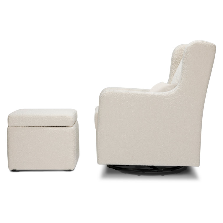 Ivory Boucle Gentle Swivel Glider with Storage Ottoman