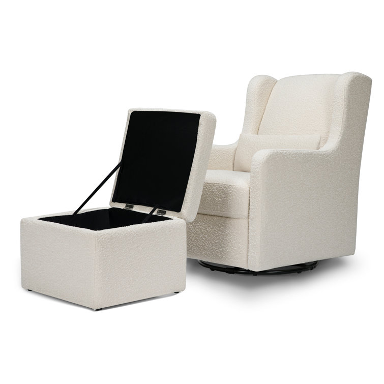 Ivory Boucle Gentle Swivel Glider with Storage Ottoman