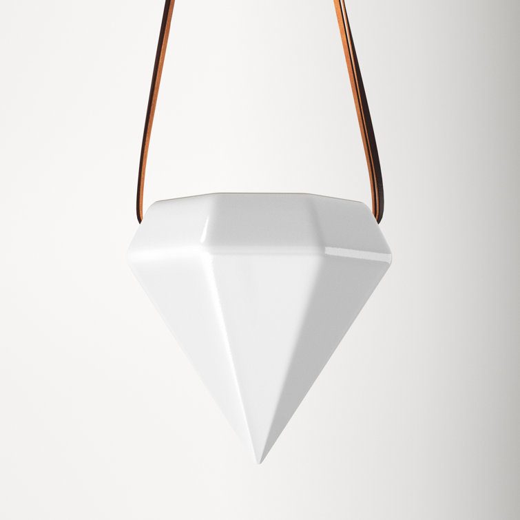 Gloss White Diamond Ceramic Hanging Planter with Leather Rope