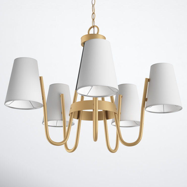 Heritage Brass and Black Drum Chandelier with Off-White Shades