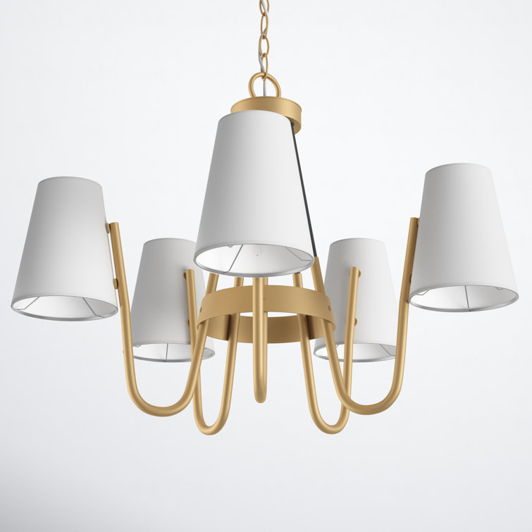 Heritage Brass and Black Drum Chandelier with Off-White Shades
