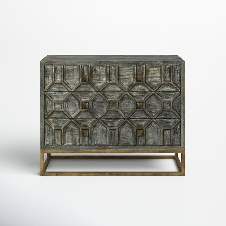 Genevieve Light Gray Wood and Antique Brass 3-Drawer Cabinet
