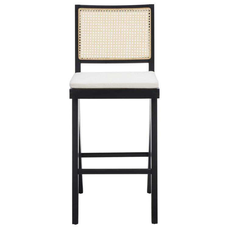 Colette Black and Natural Wood Bar Stool with Rattan Back