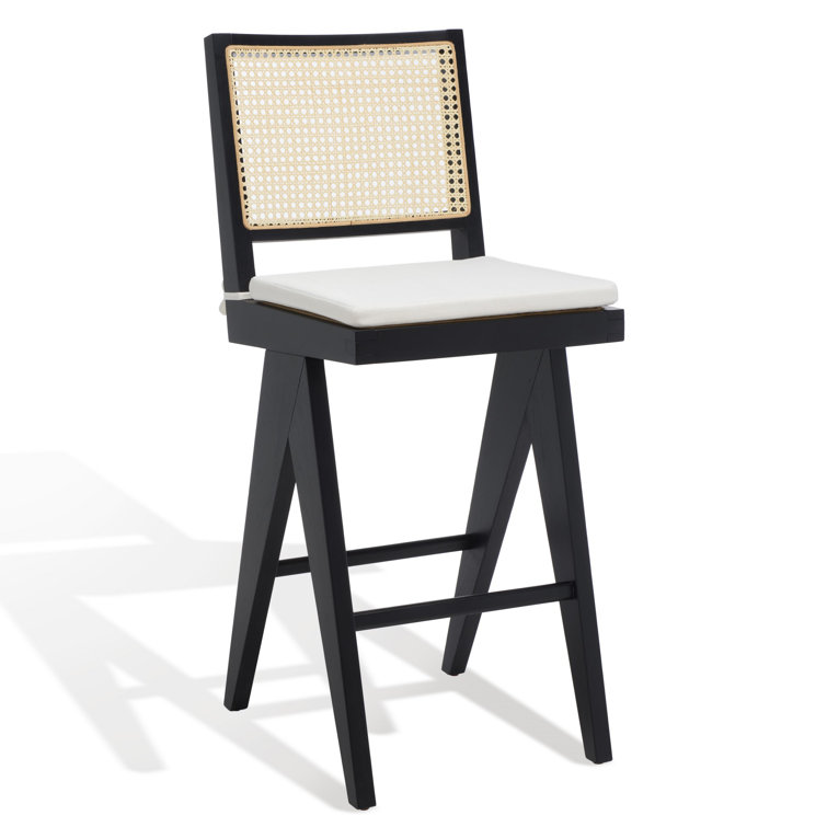 Colette Black and Natural Wood Bar Stool with Rattan Back